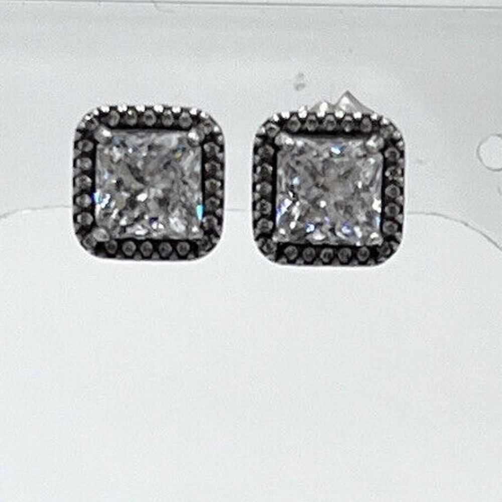 Pandora Timeless Elegance Sterling Silver Square Halo CZ Sparkle Stud Earrings